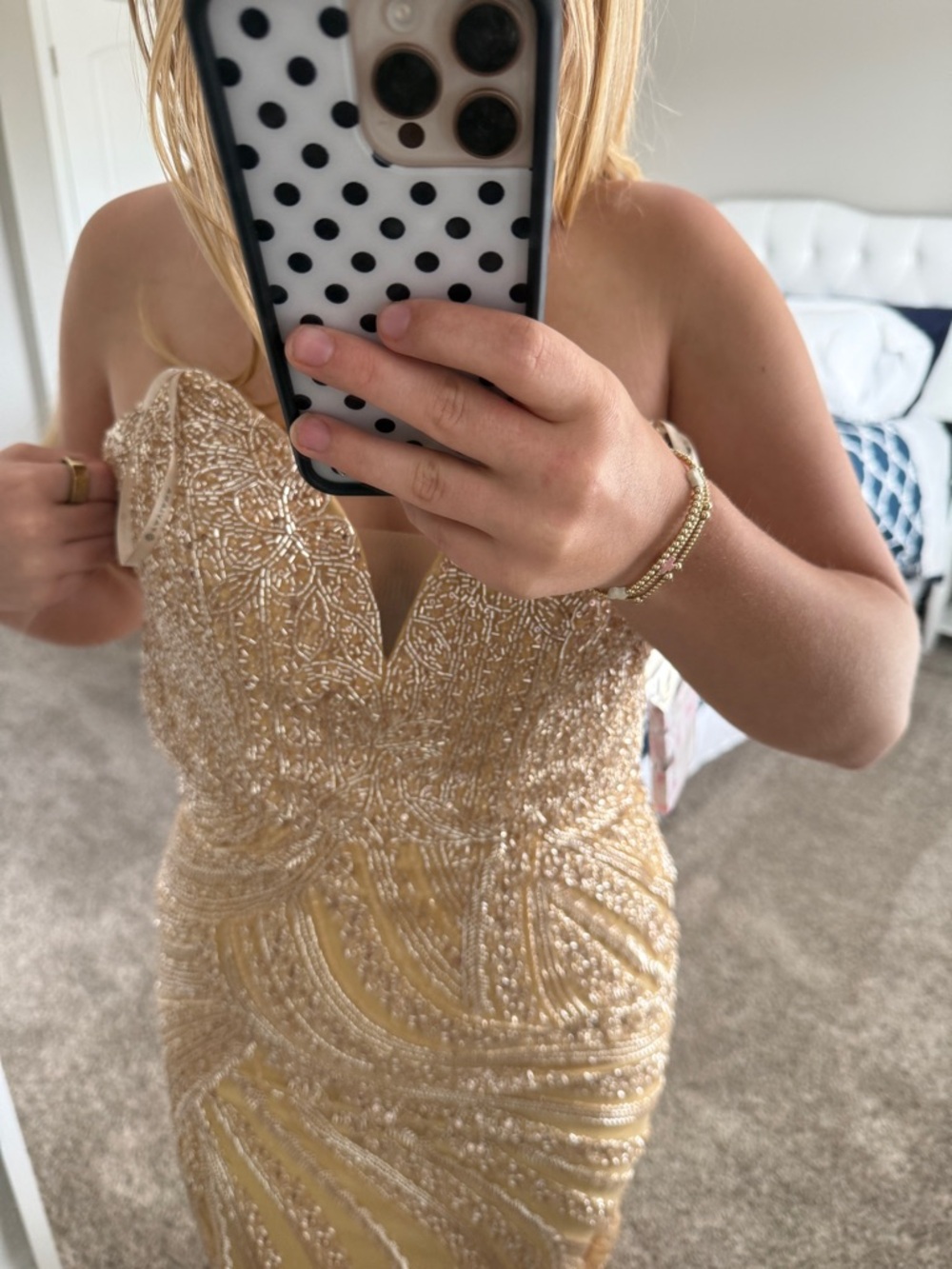 Faviana Gold Beaded Strapless Evening Gown